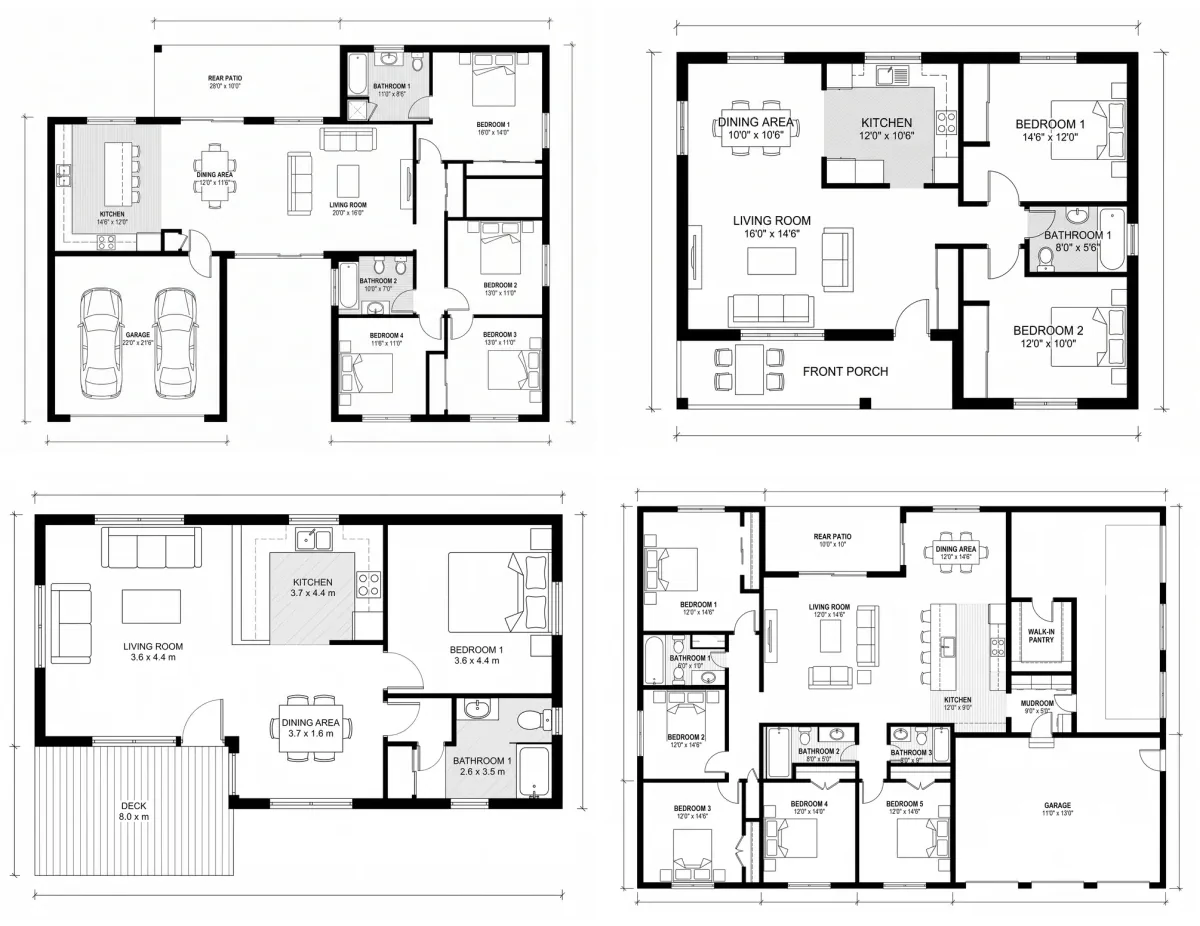 Four black-line floor plans generated from written briefs: a four-bedroom modern house with a two-car garage and rear patio, a two-bedroom cottage with a front porch, a metric tiny house with a deck, and a five-bedroom barndominium with a walk-in pantry and mudroom, each room labelled with its name and dimensions