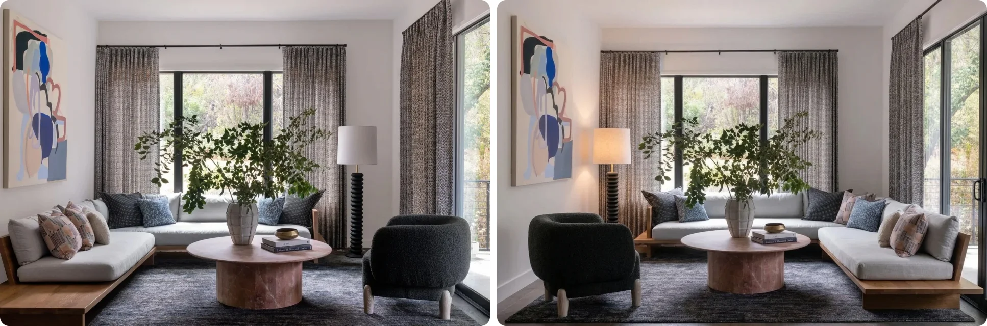 The same living room before and after one AI rearrange pass with the existing furniture kept: on the left the L-shaped wood-framed sofa runs along the left wall with the dark boucle armchair on the right, on the right the same sofa runs along the right wall and the armchair has moved to the left, with the same round pink stone coffee table, rug, floor lamp, painting and windows