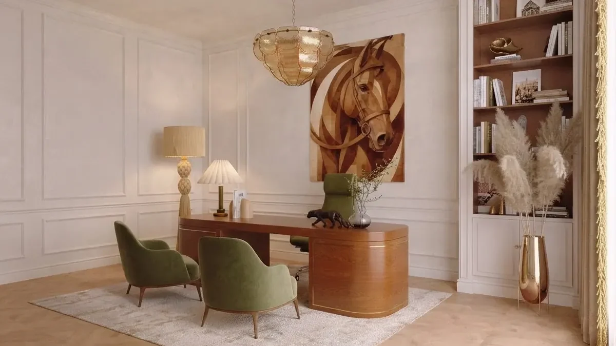 Executive home office with cream paneled walls, a large curved walnut desk, two olive velvet guest chairs, a horse portrait artwork, built-in bookshelves and pampas grass in a brass vase