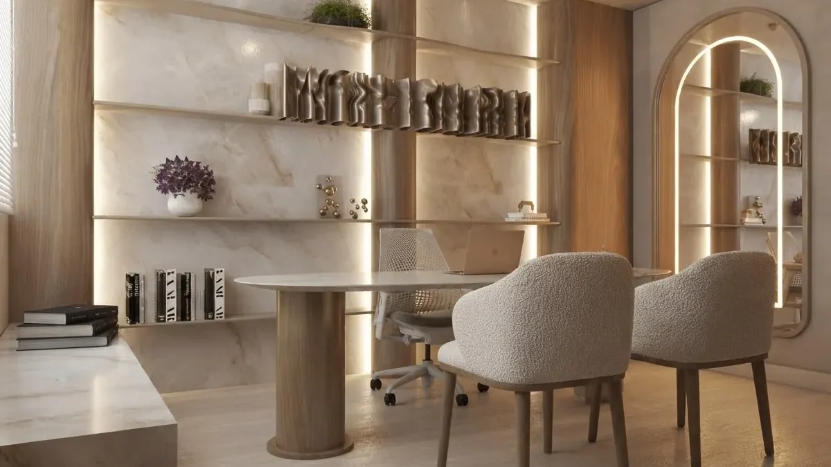 Small private office with a round oak pedestal table, white boucle chairs, a mesh task chair, backlit onyx shelving with sculptural objects and a lit arched mirror