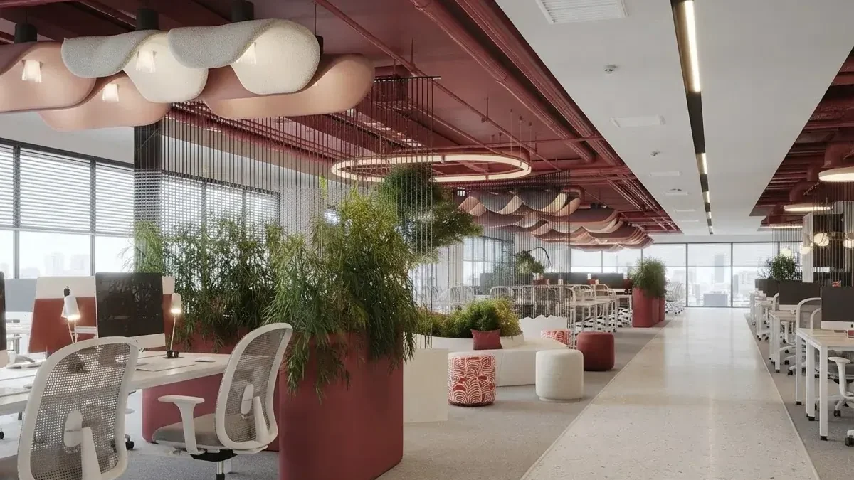 Open plan office interior with a terracotta painted exposed ceiling, white bench desks with mesh chairs, tall planters splitting the zones, wavy acoustic baffles and a lounge area with ottomans