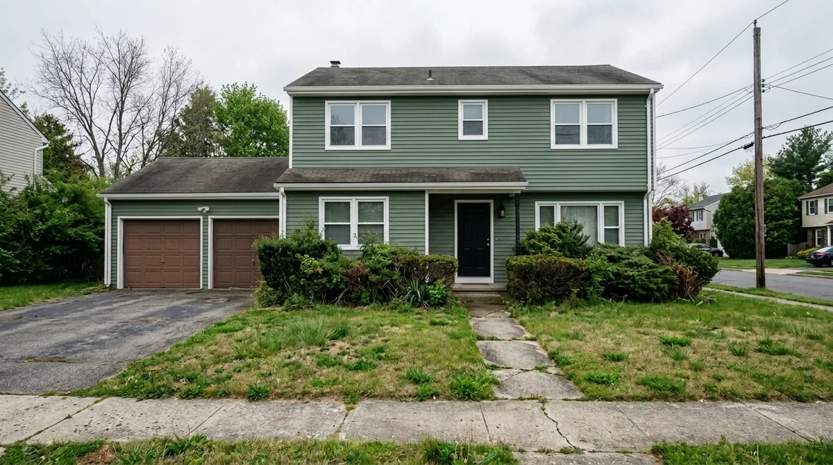 The same suburban house recoloured by AI with deep sage green siding, white window trim, and a matte black front door