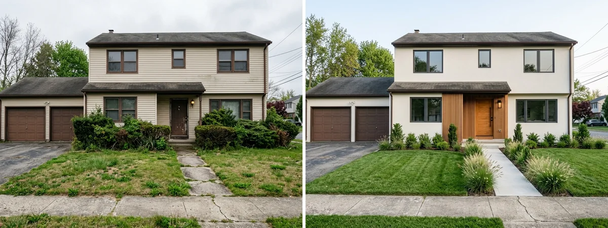 Before and after AI exterior redesign of the same suburban house: dated beige vinyl siding on the left, warm white render facade with wood slat entrance and new landscaping on the right