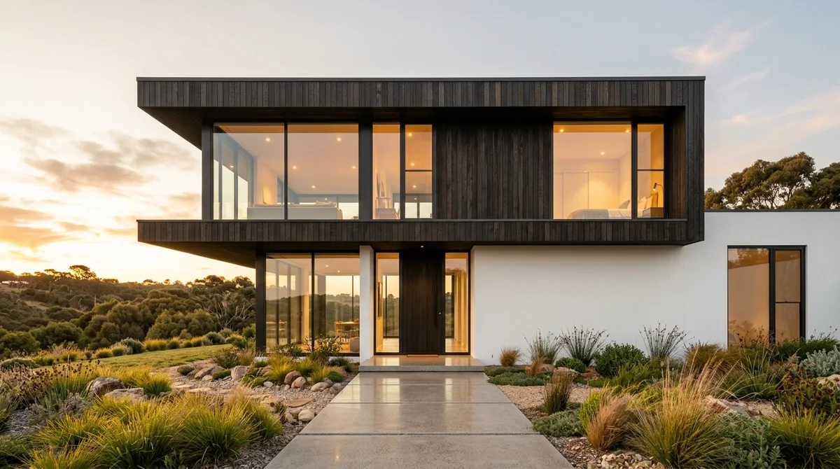 AI-generated modern minimalist house exterior with cantilevered dark timber upper floor, floor-to-ceiling glazing, and white rendered ground floor at golden hour