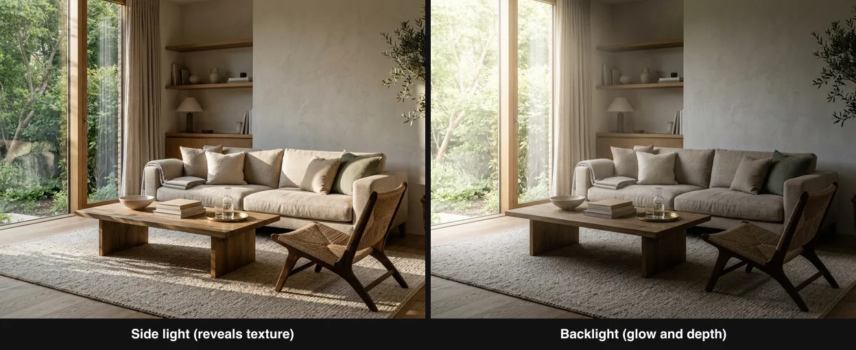 The same living room rendered with two light directions: side light raking across surfaces to reveal texture, and backlight from the window creating glow and depth