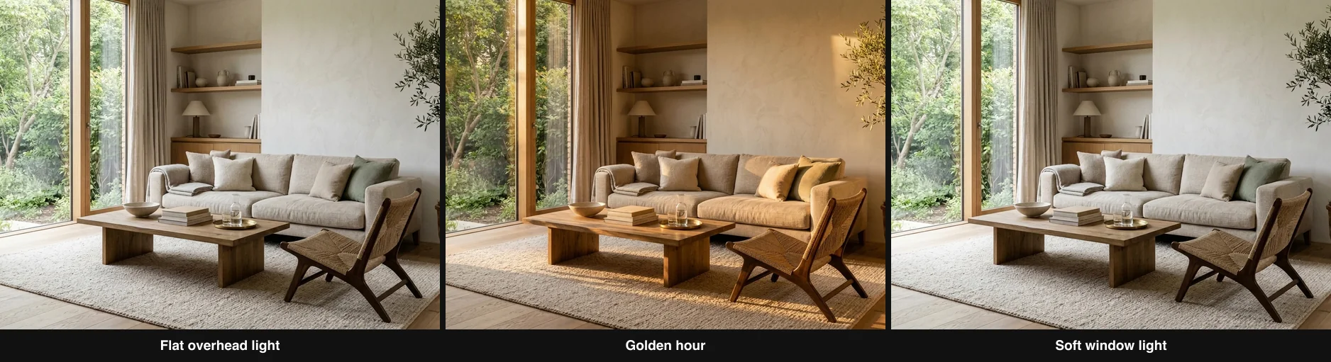The same modern living room rendered under three different lighting prompts: flat overhead light, golden hour, and soft window light, showing how dramatically light changes the mood and realism