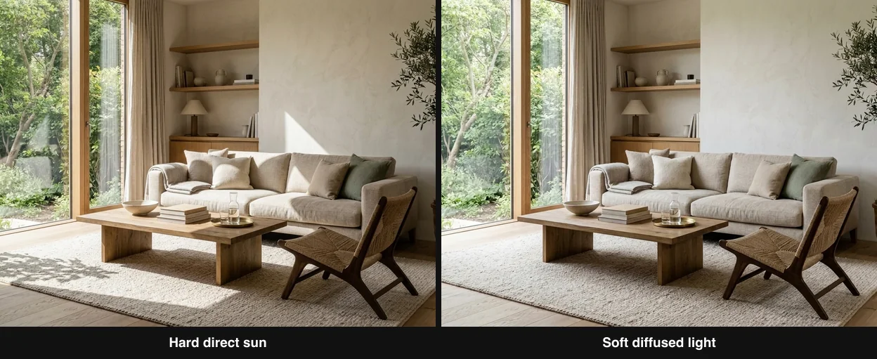 The same living room with hard direct sun casting a crisp window-frame shadow on the floor, versus soft diffused light with gentle gradients and no hard shadows
