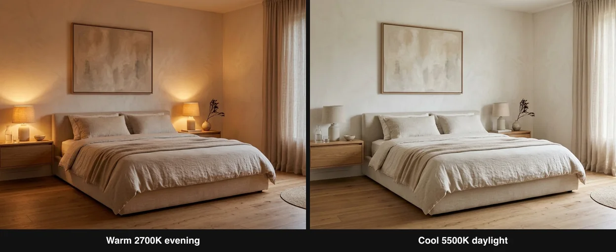 The same bedroom rendered at two color temperatures: warm 2700K evening light with glowing lamps, and cool 5500K daylight, showing how Kelvin changes the entire mood