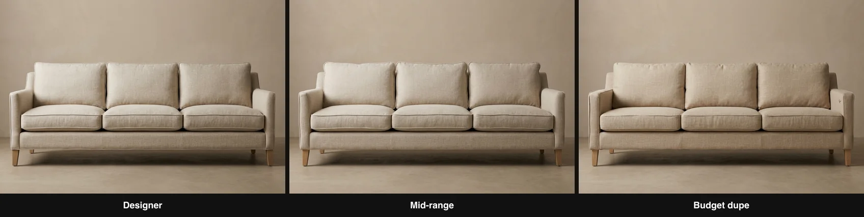 The same sofa silhouette shown at three price tiers: a designer linen version, a mid-range high-street version, and a budget flat-pack look-alike, illustrating how one look is available across price points