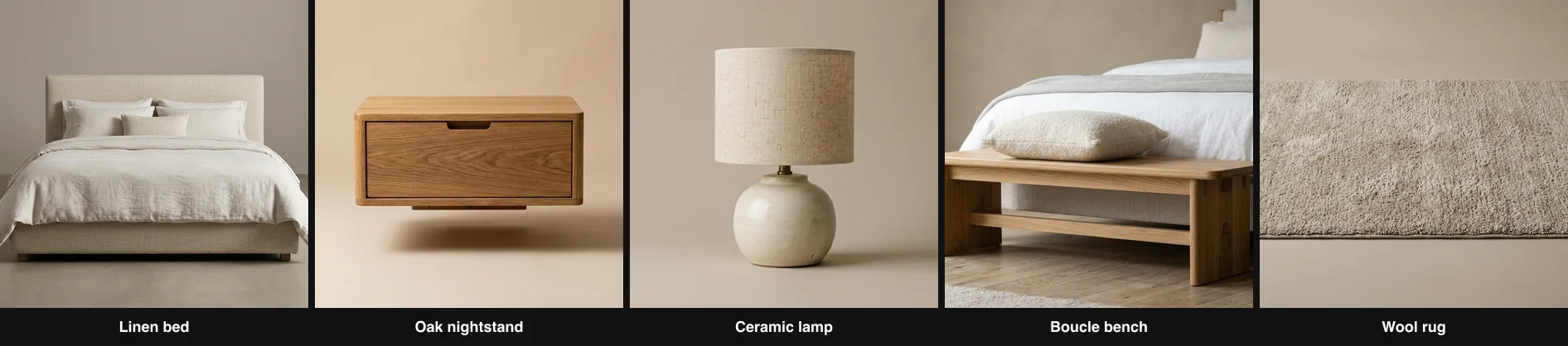 Five clean product shots on neutral backgrounds from a designed bedroom: an upholstered linen bed, an oak nightstand, a ceramic table lamp, a boucle bench and a wool rug, each an individually shoppable piece