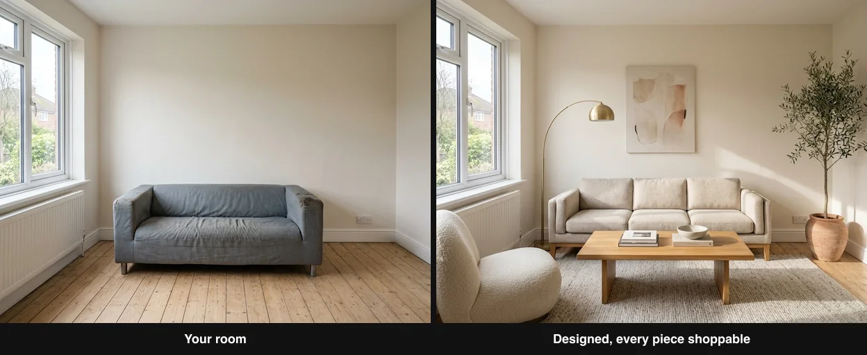 The same living room shown twice: on the left the plain original room with a tired grey sofa and bare walls, on the right the same room fully designed with a linen sofa, boucle chair, oak table, brass lamp and wool rug, every piece shoppable