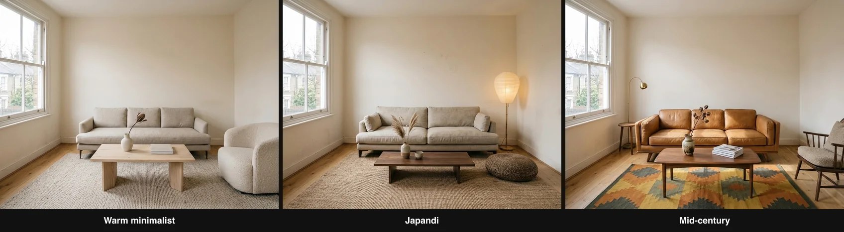 The same living room shown in three shoppable styles: a warm minimalist version, a Japandi version, and a mid-century modern version, each with different real furniture matched to real products