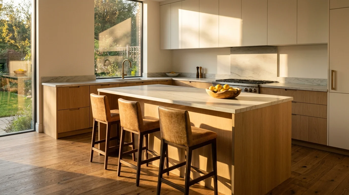 Photorealistic AI render of a white oak and quartzite kitchen with a leather-stooled island, low sun laying a long band of light across the worktop