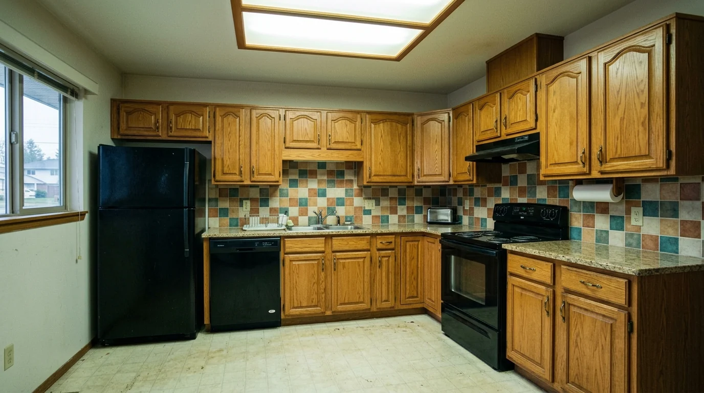 AI render of a dated early 2000s builder grade kitchen with honey oak raised panel cabinets, speckled granite and flat fluorescent lighting