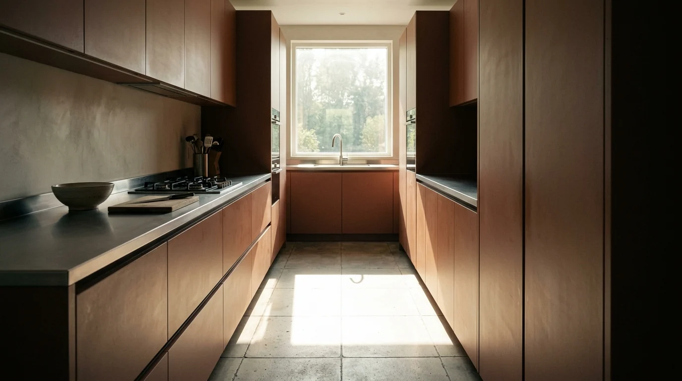 AI render of a narrow galley kitchen with two runs of handleless clay cabinets and a long corridor of morning light down the floor