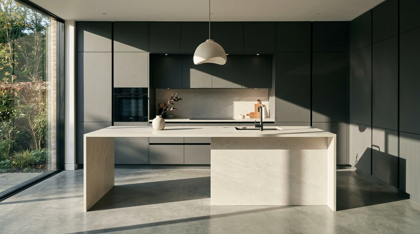 AI render of a handleless matte graphite kitchen with a waterfall sintered stone island and raking light revealing the shadow gaps