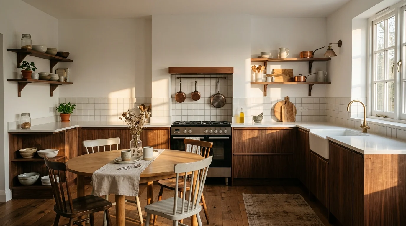 AI render of an L-shaped walnut kitchen with open shelving and long late-afternoon shelf shadows across the wall