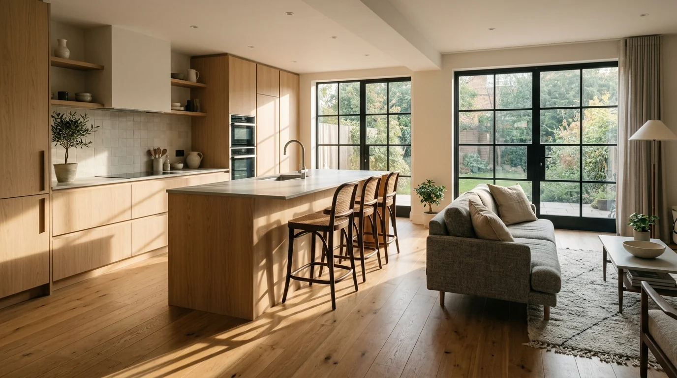 AI render of an open plan kitchen and living room divided by an island, with long golden hour shadows crossing between zones