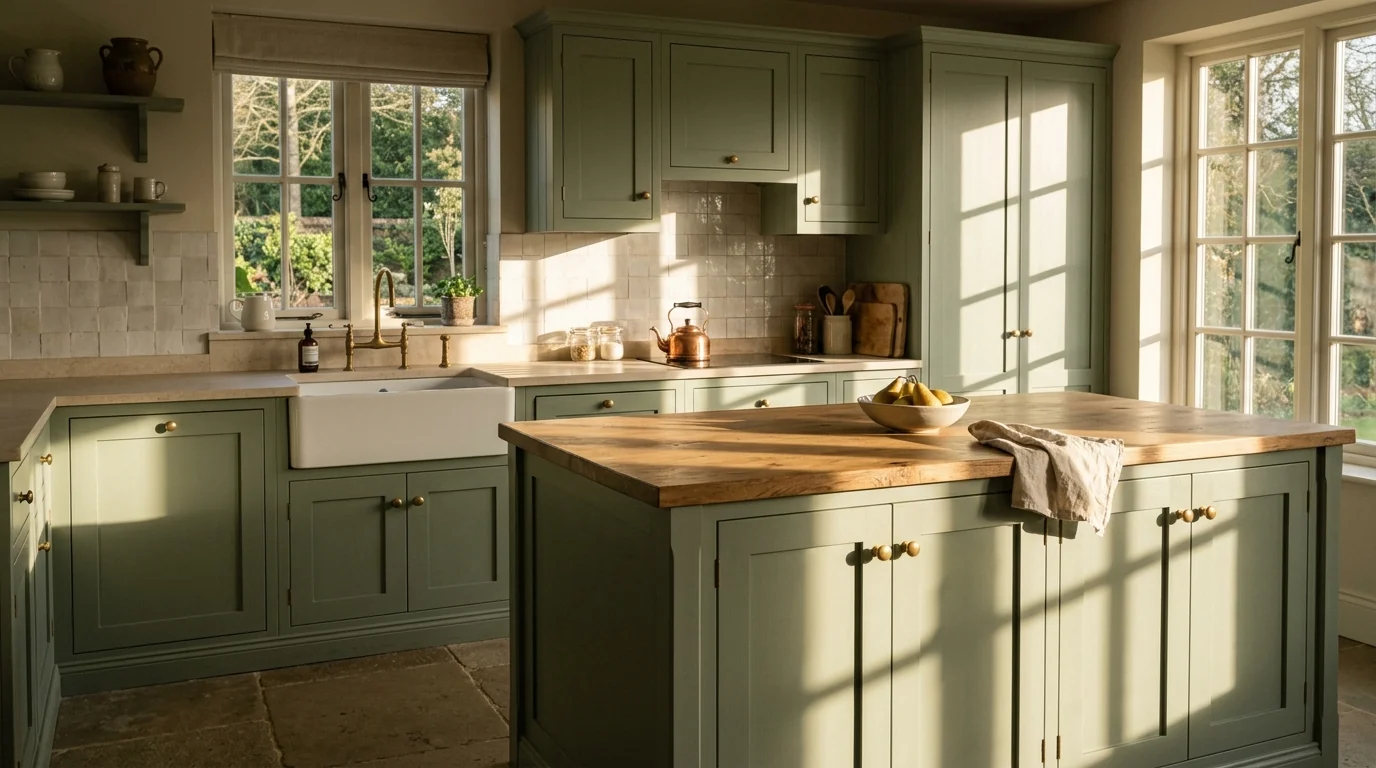 AI render of a sage green shaker kitchen with brass knobs, butler sink and long window mullion shadows across the doors