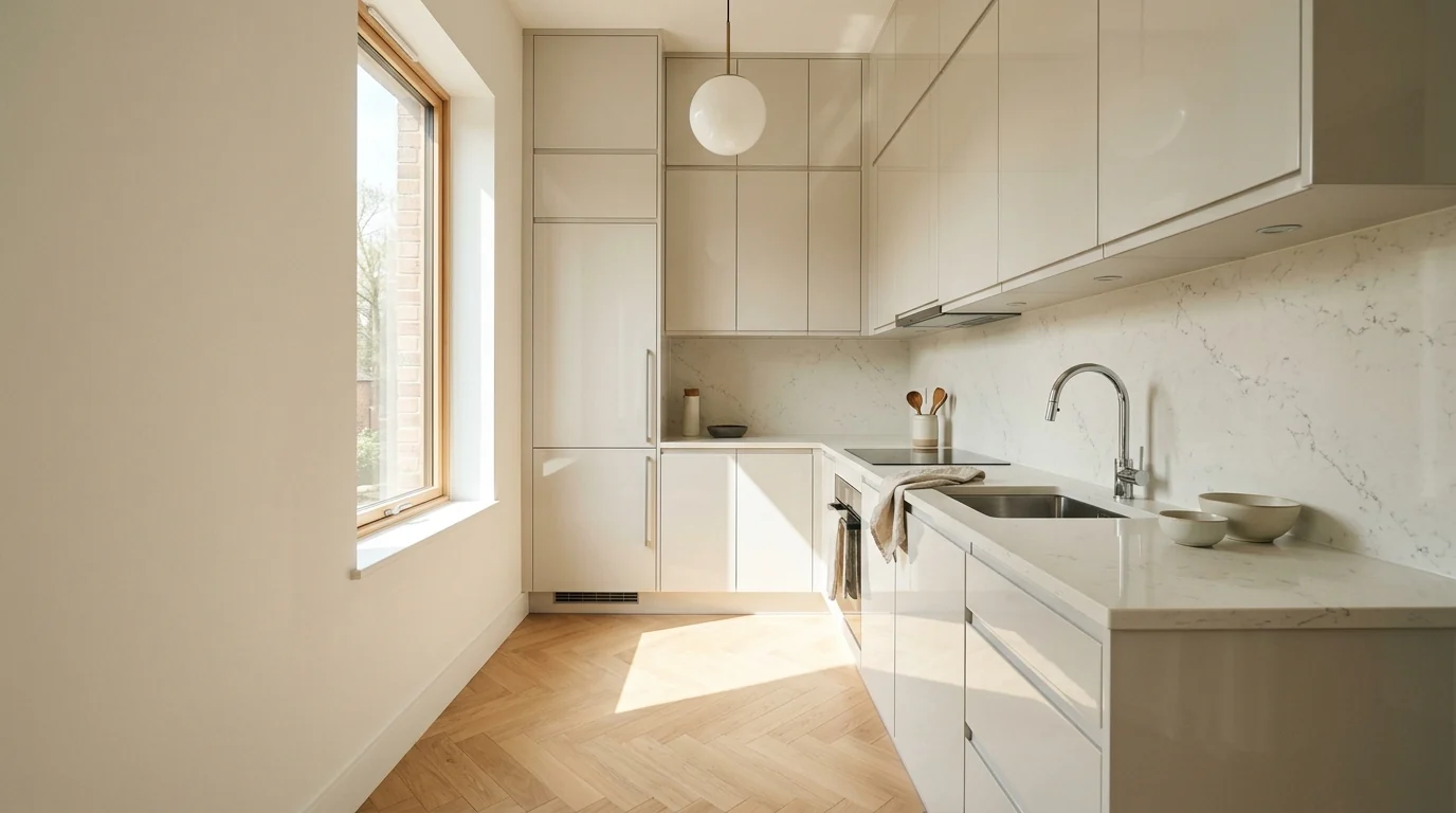AI render of a small apartment kitchen with pale full-height handleless cabinets and one long clean shadow across a visible floor