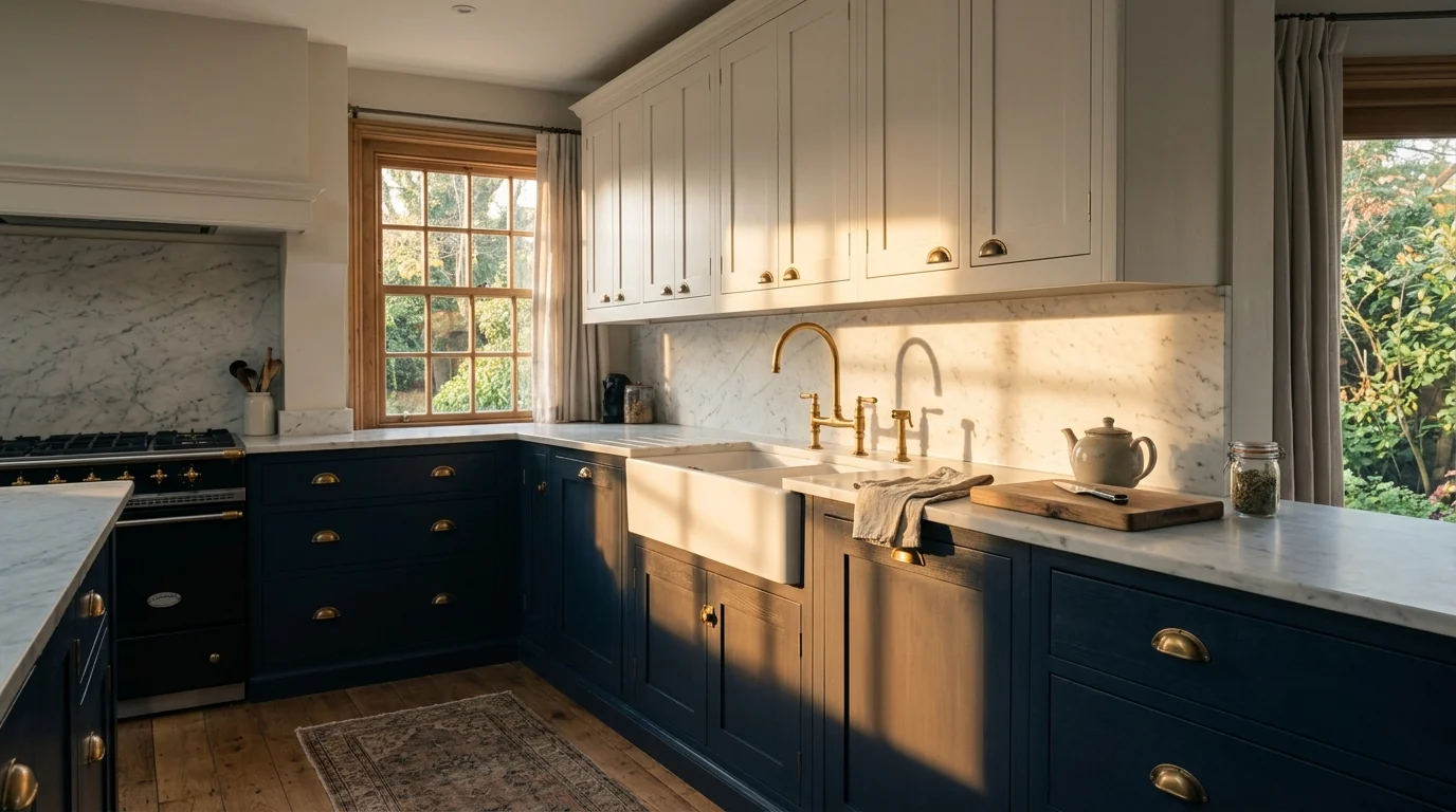 AI render of a two-tone kitchen with navy shaker lowers, white uppers, brass handles and a long tap shadow across marble