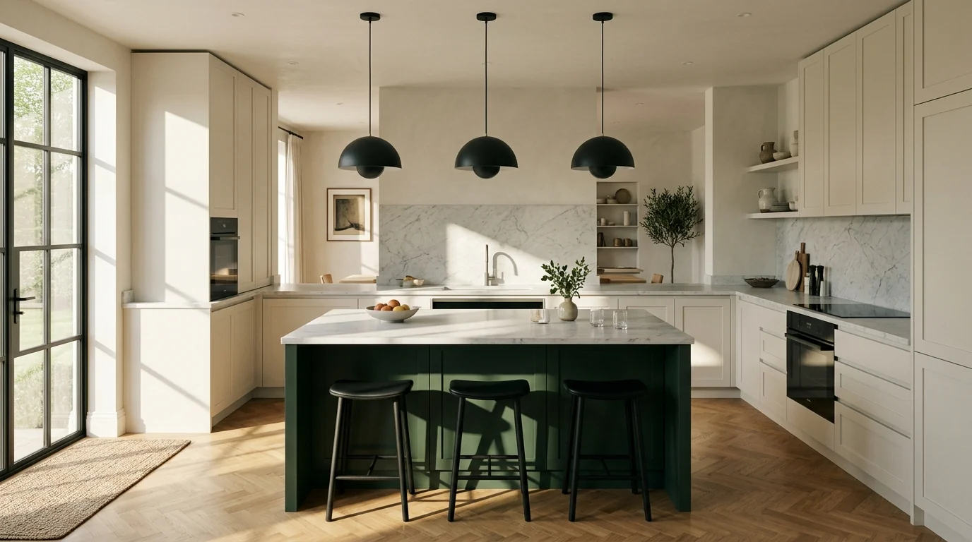 AI render of a U-shaped kitchen with a deep green island, marble worktops and long pendant shadows across the stone