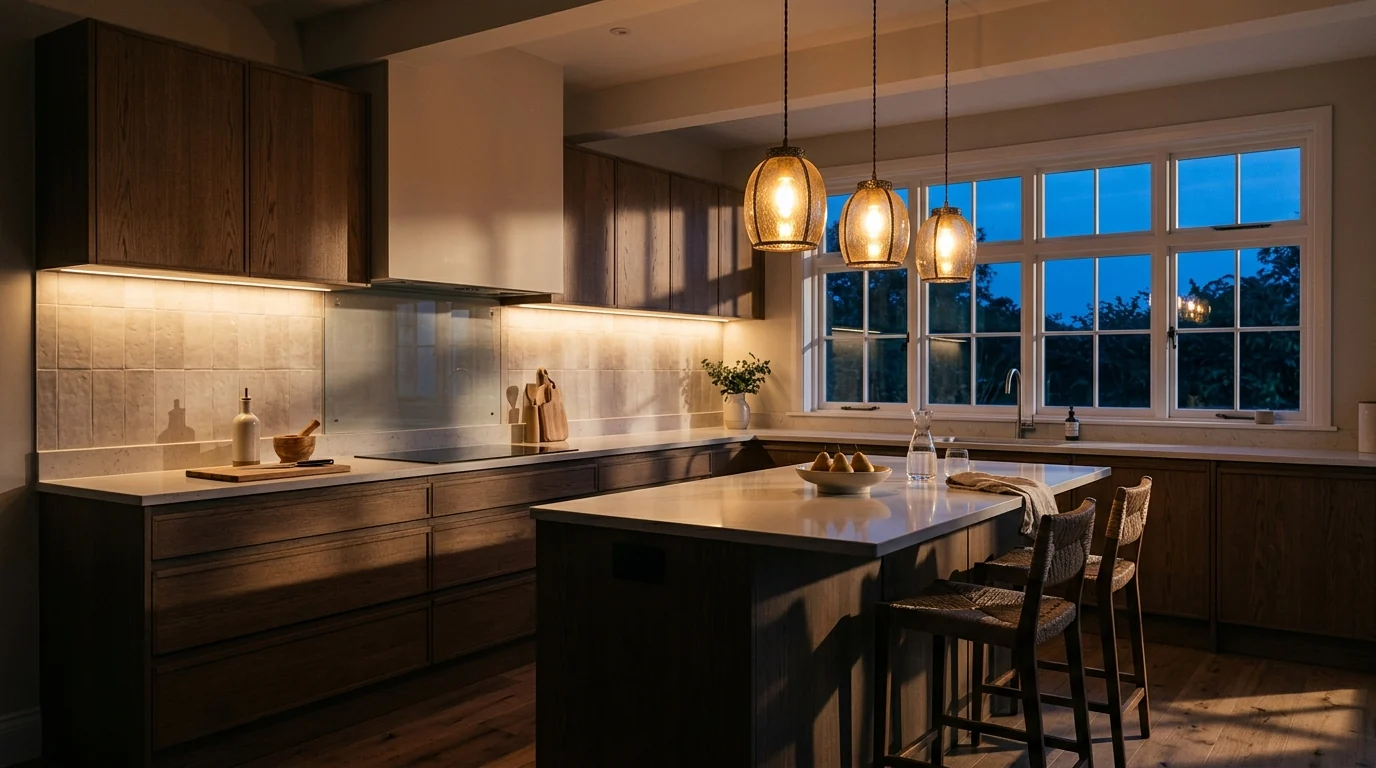 AI render of a kitchen at dusk with warm under-cabinet strips, glowing island pendants and cool blue evening light through the window