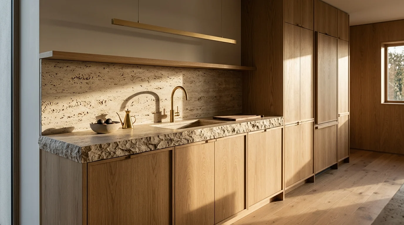 AI render of a rift-sawn oak kitchen with a thick travertine worktop lit by raking low sun that reveals the stone texture
