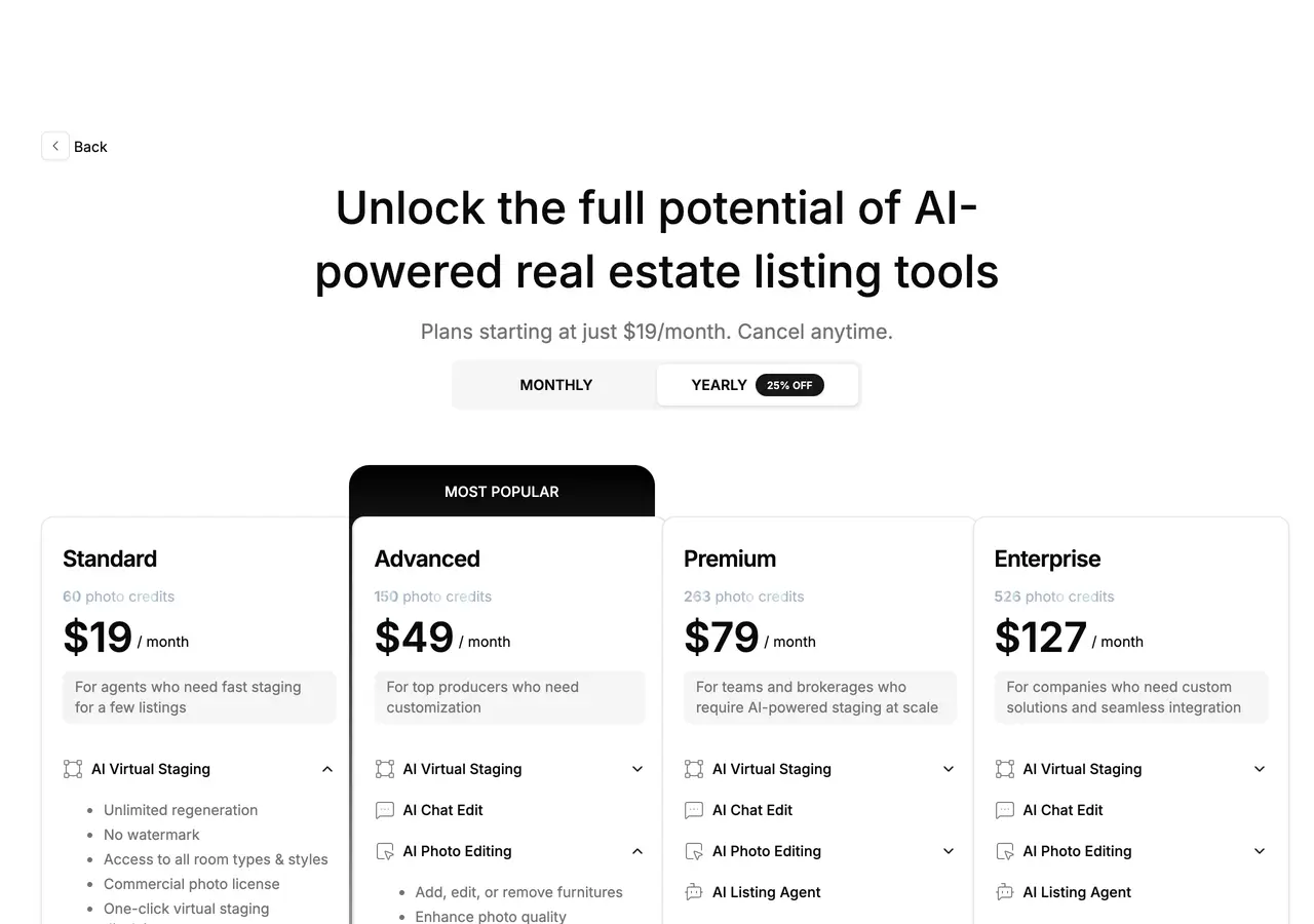 Screenshot of the Collov AI pricing page showing a Standard plan at 19 dollars a month with 60 photo credits