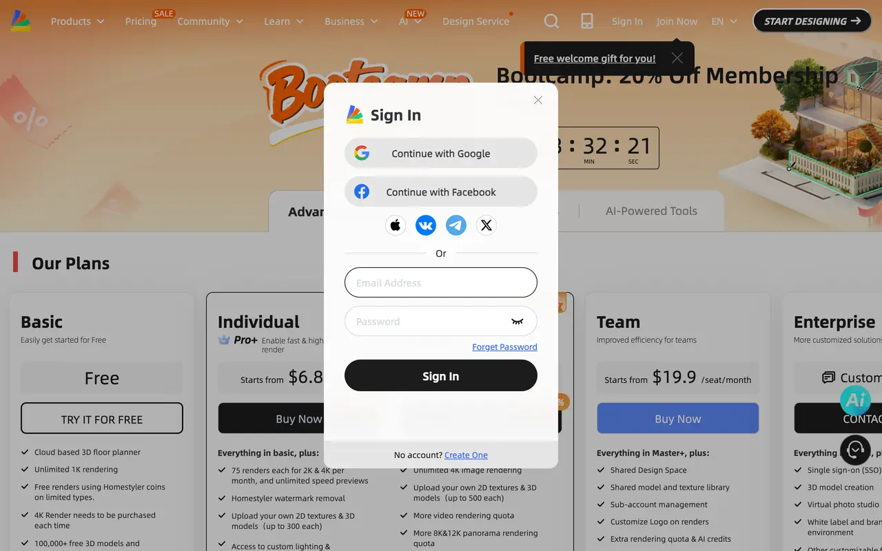 Screenshot of the Homestyler pricing page showing a free Basic tier and a paid Individual plan starting from 6.80 dollars a month