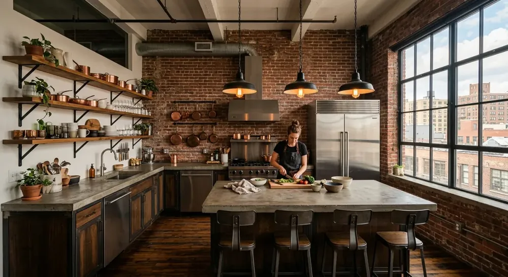 Industrial AI kitchen design with dark cabinets, black metal and exposed pendant lights