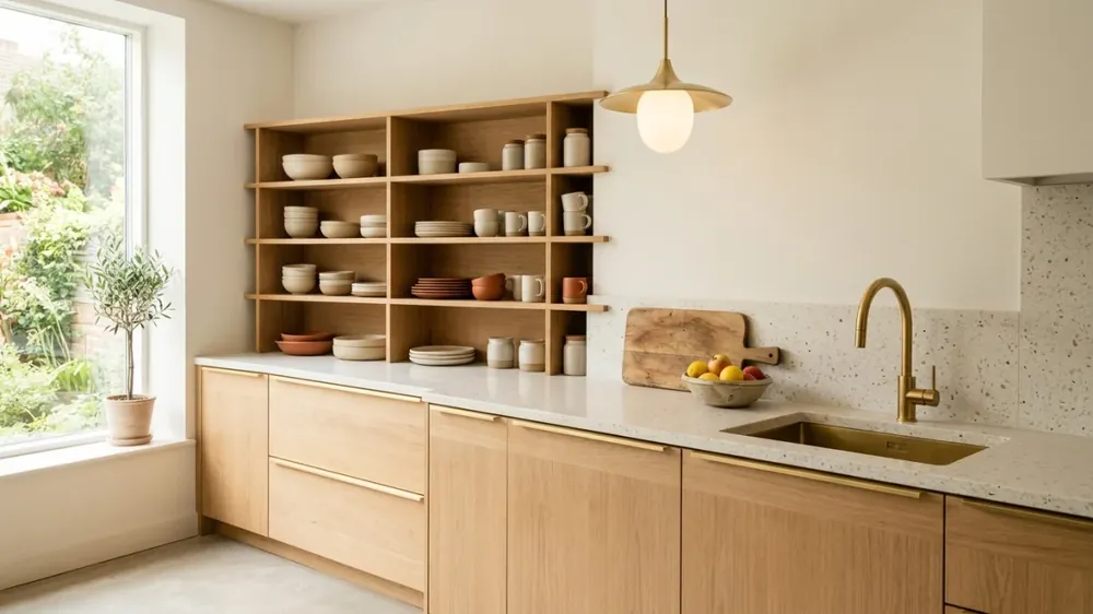 Warm minimalist AI kitchen design with handleless oak cabinets and hidden storage
