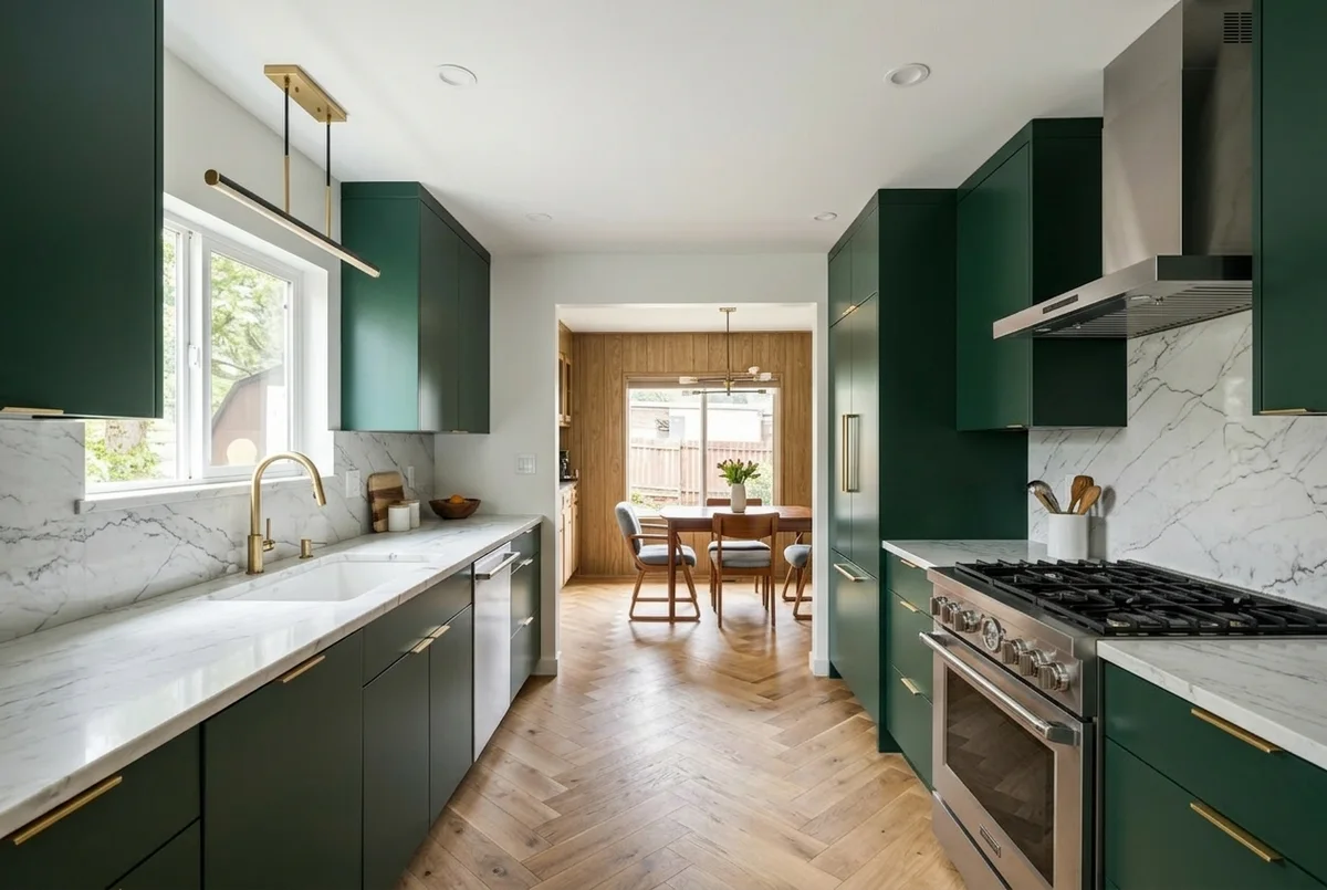 AI render of the same galley kitchen after a major upscale remodel: full-height forest green cabinets with brass pulls, marble slab counters and backsplash, professional range with hood, herringbone oak floor, dining nook visible through the unchanged doorway