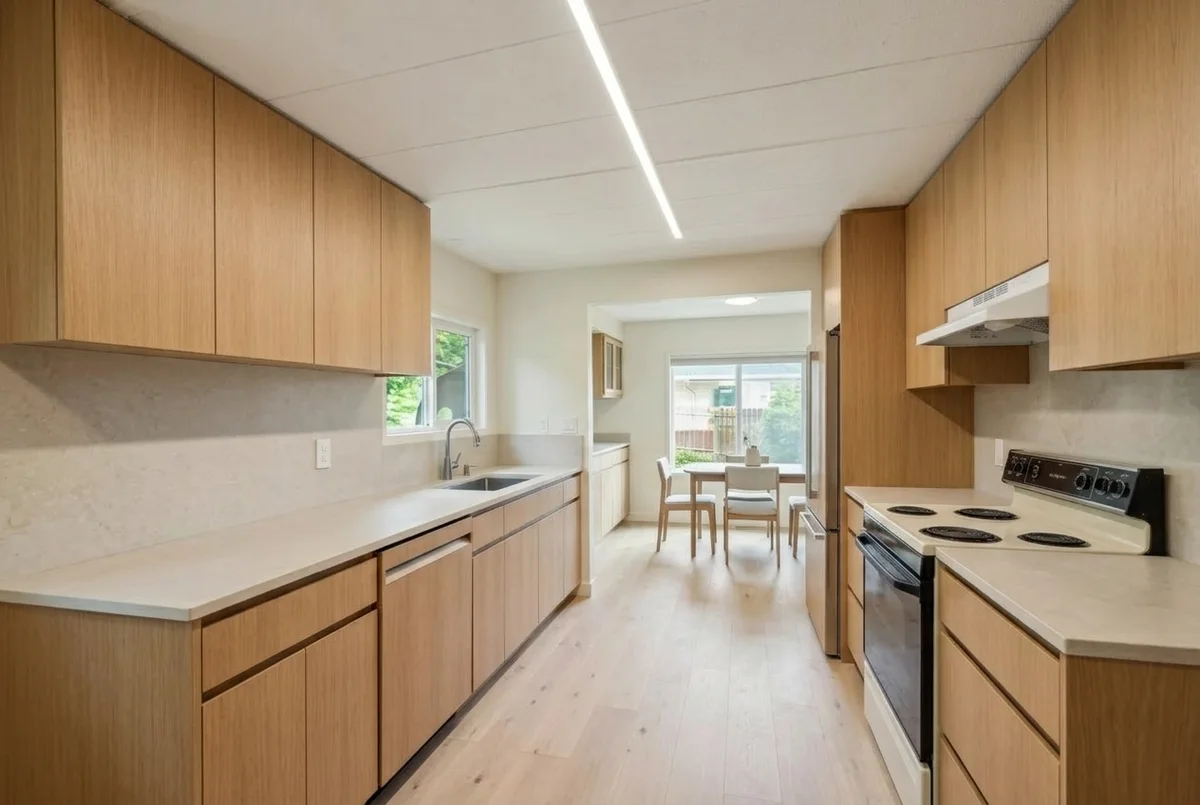 AI render of the same galley kitchen after a minor remodel in warm white oak slab fronts with no handles, pale stone counters and a matching stone slab backsplash, linear ceiling light