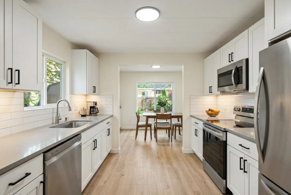 AI render of the same galley kitchen after a minor remodel: white shaker cabinet fronts with black pulls, grey quartz counters, white subway tile, light oak plank floor and stainless appliances in the original positions