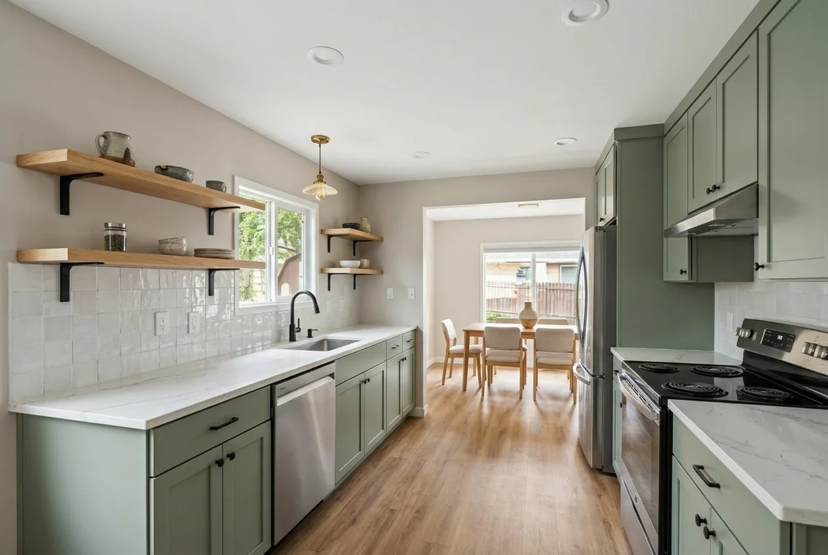 AI render of the same galley kitchen after a mid-range remodel: sage green shaker cabinets, floating oak shelves flanking the window instead of upper cabinets, white quartz counters, glossy white tile and recessed lights