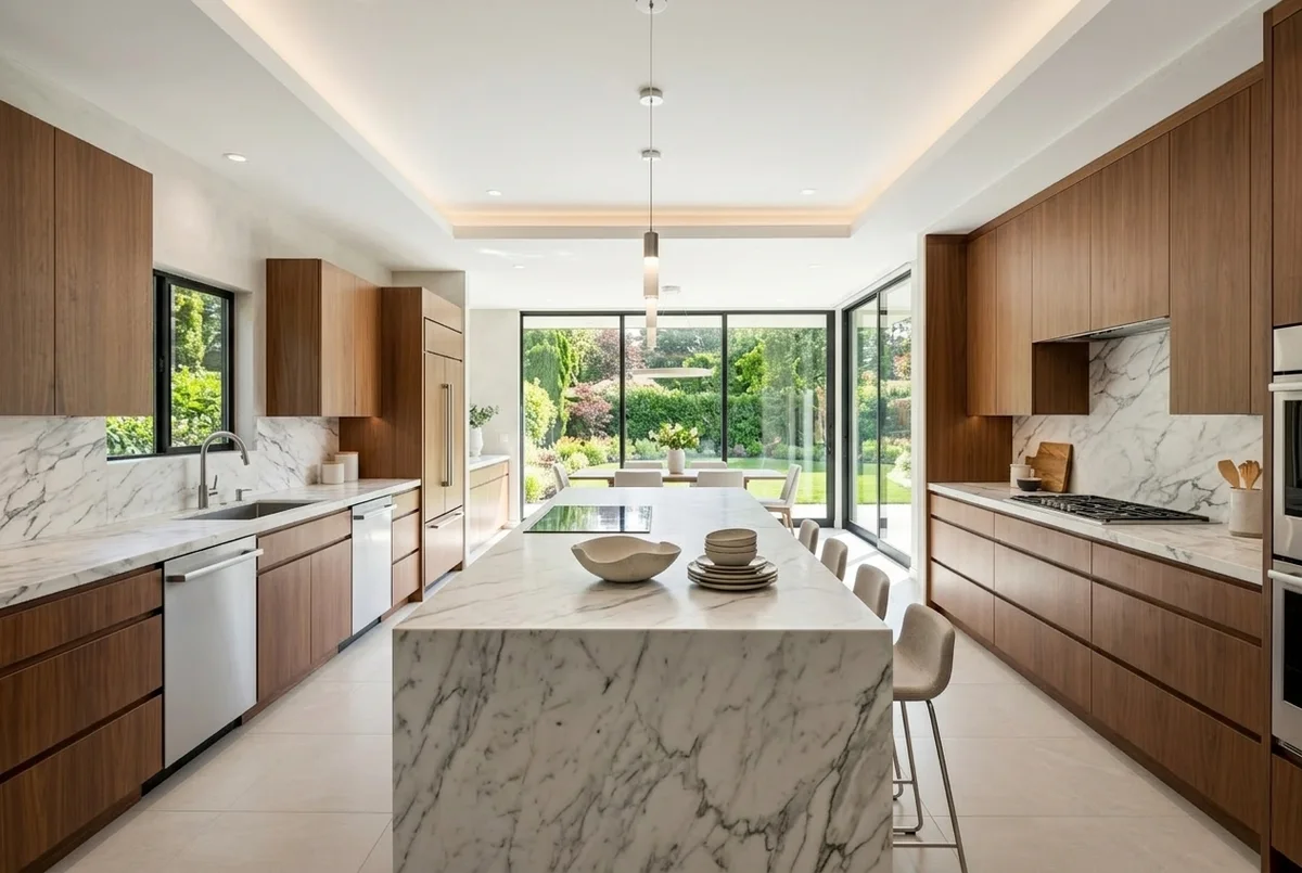 AI render showing drift from a loose prompt: the narrow galley has been widened into a large kitchen with a marble waterfall island, walnut cabinets and a full wall of glass to a garden where the doorway and dining nook used to be