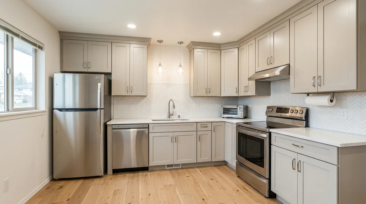 AI render of the same L-shaped kitchen after a mid-range remodel: greige shaker cabinets to the ceiling, white quartz counters, herringbone tile, recessed lights and two glass pendants, stainless appliances in the original positions