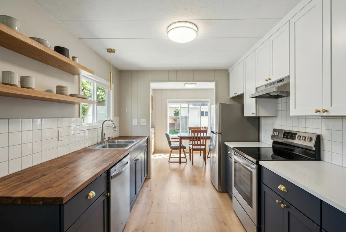 AI render of the small galley kitchen remodeled two-tone: navy base cabinets, white uppers to the ceiling on one side, a floating oak shelf on the window wall, butcher block and quartz counters, brass pulls and pendant