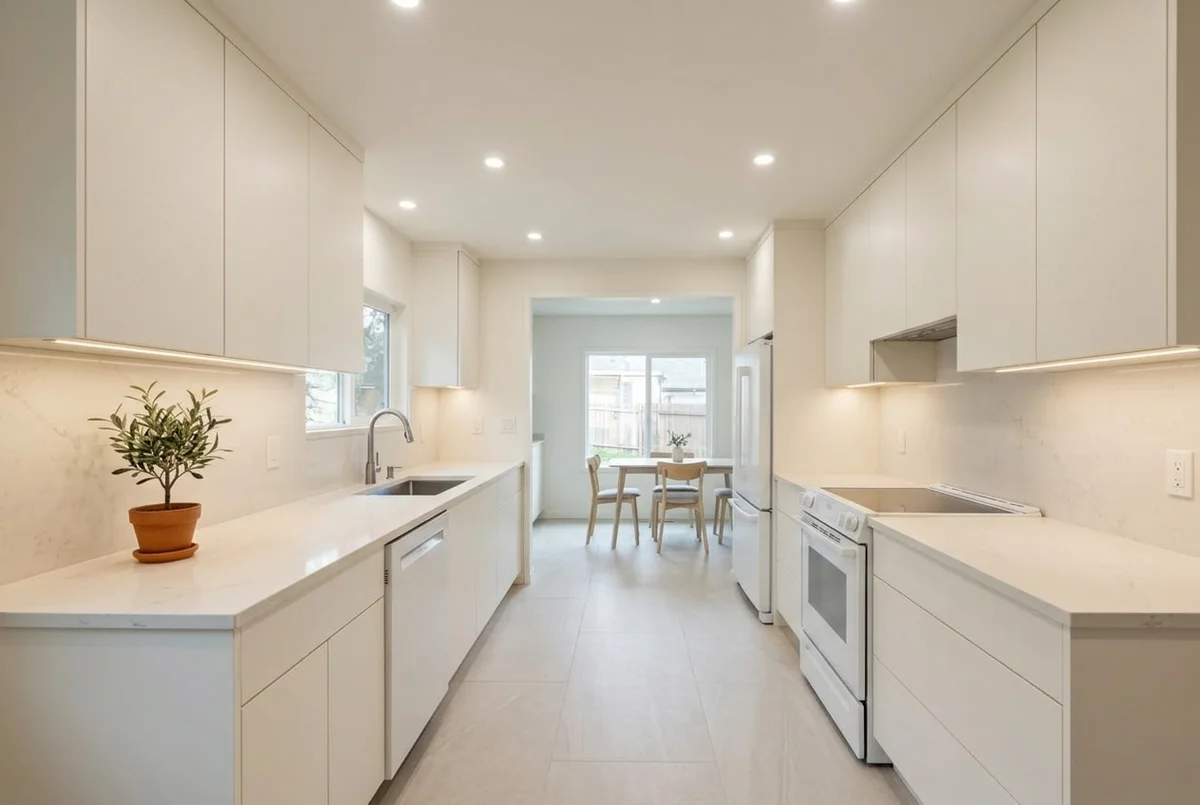 AI render of the small galley kitchen remodeled in one continuous warm white: handleless fronts, uppers to the ceiling, light quartz counters, pale large-format floor tile laid lengthwise, under-cabinet lighting on both runs