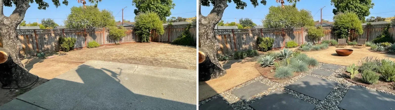 A real suburban backyard with bare dirt where the lawn died, a wooden fence, a mature tree and a concrete patio on the left, and the same yard redesigned as a modern low-water gravel garden with pavers, grasses and a fire bowl on the right