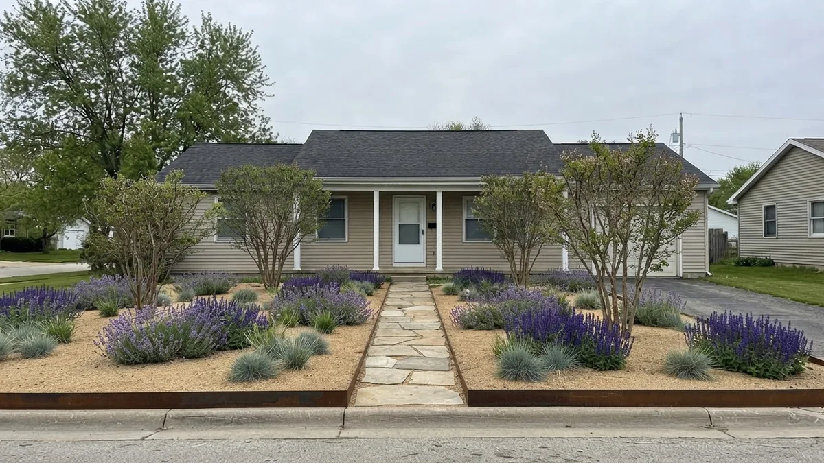 The front yard base rendered with no lawn, decomposed granite, lavender and salvia drifts, a straight flagstone path and three crape myrtles