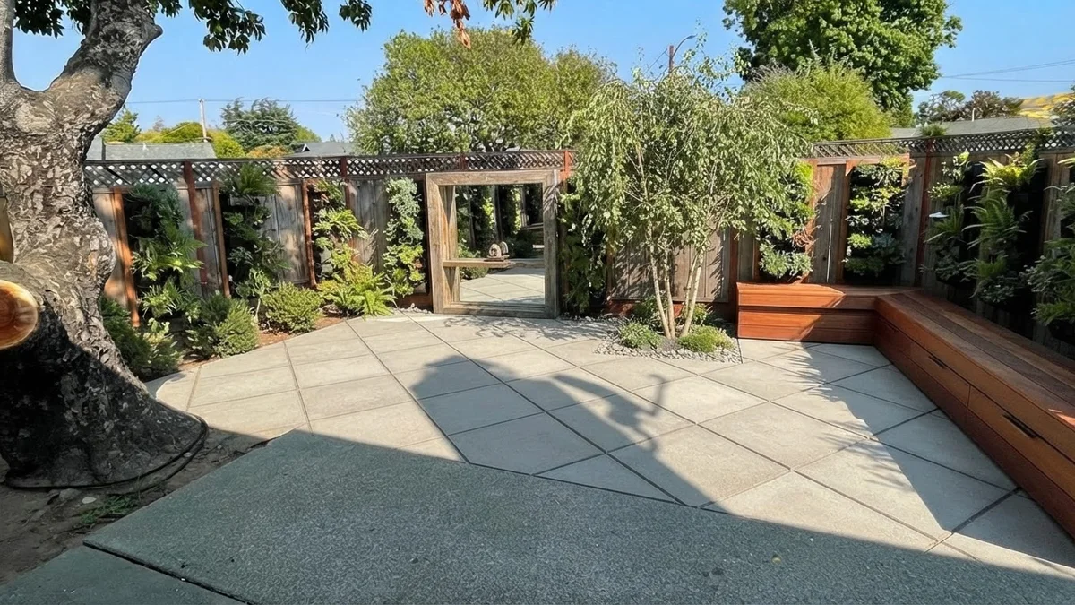 The base backyard rendered with diagonal pavers, vertical planting on the fences, a multi-stem tree and a built-in bench