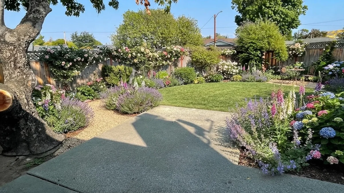 The base backyard rendered as a cottage garden with deep flower borders around a lawn, a gravel path and roses on the fence