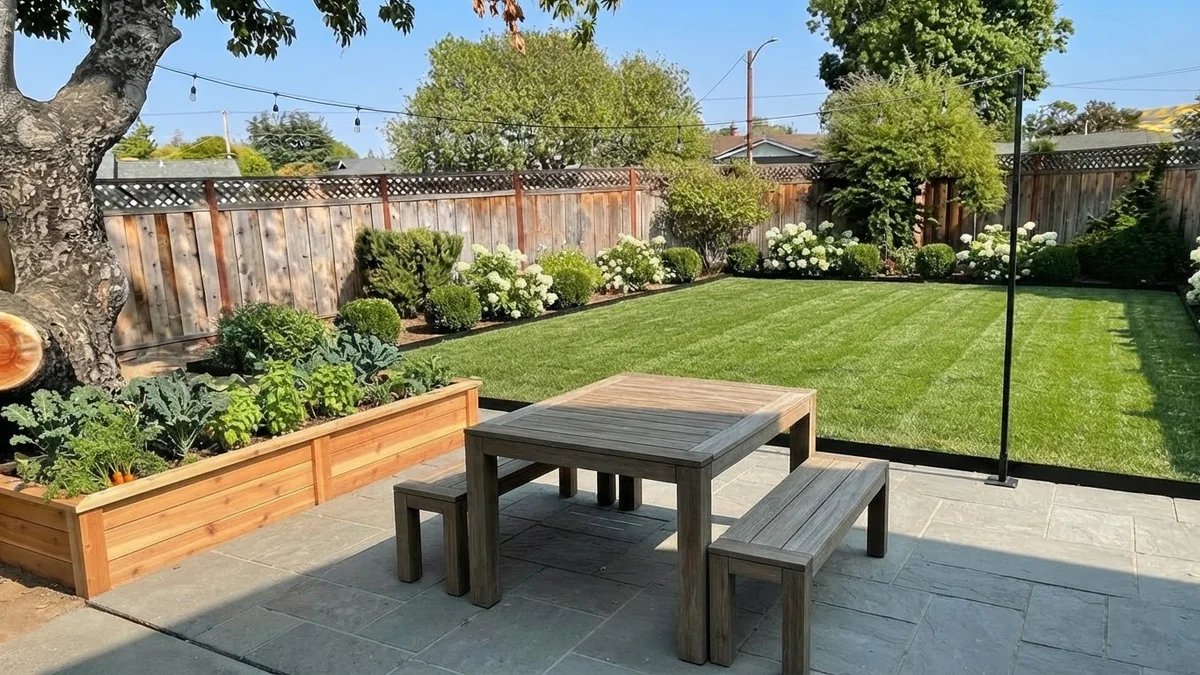 The base backyard rendered in a modern farmhouse style with a crisp lawn, steel edged hydrangea beds, a bluestone patio and string lights