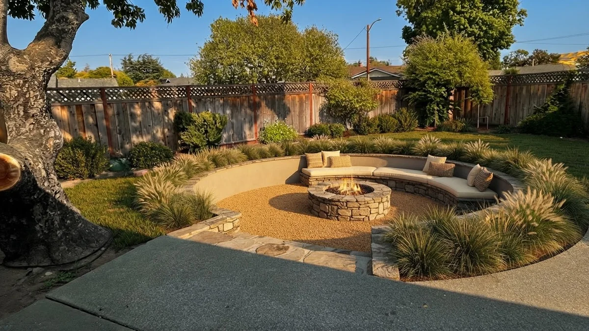 The base backyard rendered with a sunken circular fire pit lounge, a curved built-in bench and grasses around the rim in evening light