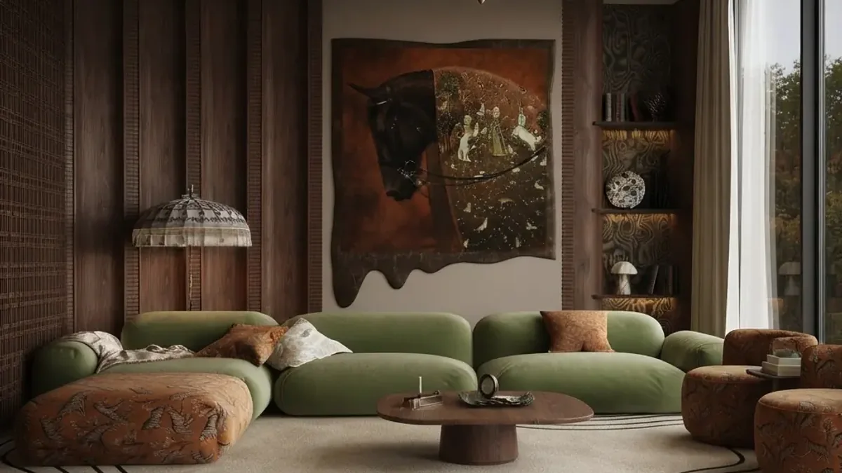 Dark timber panelled living room with a long low moss green modular sofa, terracotta patterned floor cushions and poufs, a round dark wood coffee table, a large equestrian artwork on a rust ground and a stained glass table lamp