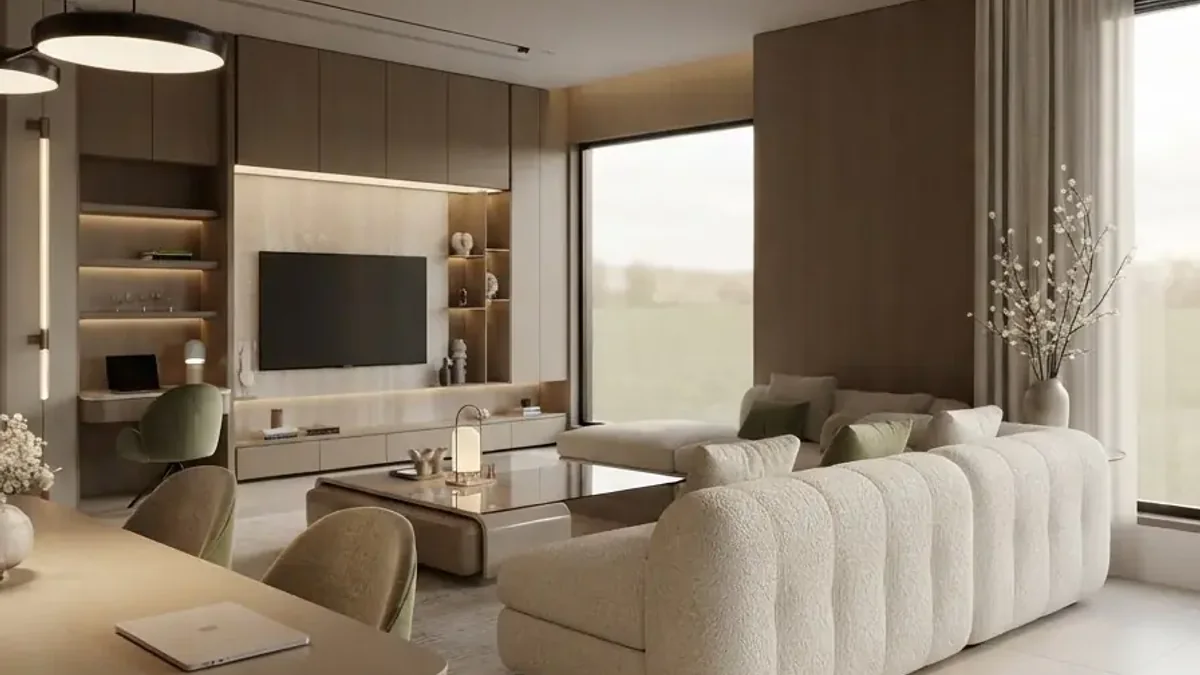 Bright open living and dining room with a cream boucle sofa, a low glass and metal coffee table, a wall mounted television in pale joinery with lit niches, a dining table with sage green chairs in the foreground and dark disc pendants above