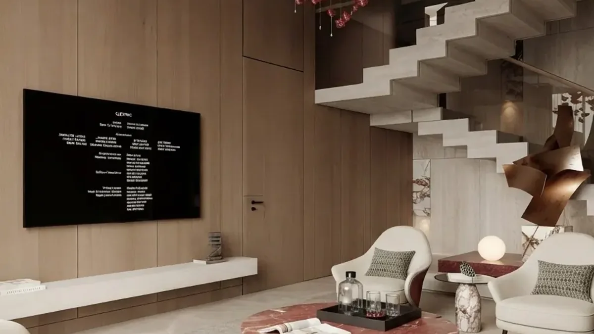 A living room with a large dark screen set into a full height timber panelled wall above a long white bench, a staircase with a sculptural pendant to the right, two cream armchairs and a round red rug