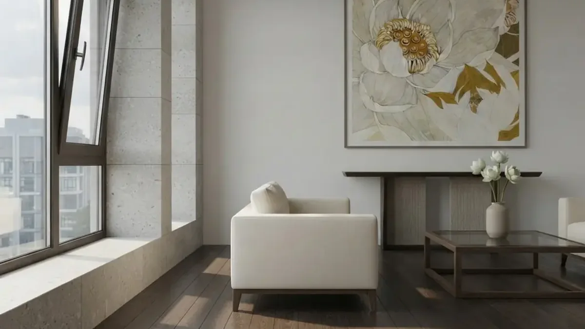 A small pale living room with a white armchair beside a corner window looking over a city, a slim dark console table holding white flowers, a large floral artwork on the wall and a warm wood floor